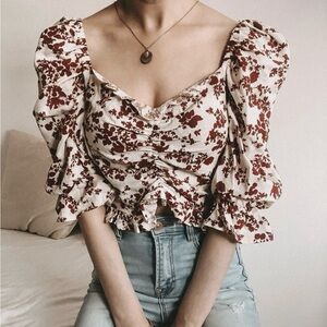 NWT Zara ruffle red floral white long sleeve crop top size S